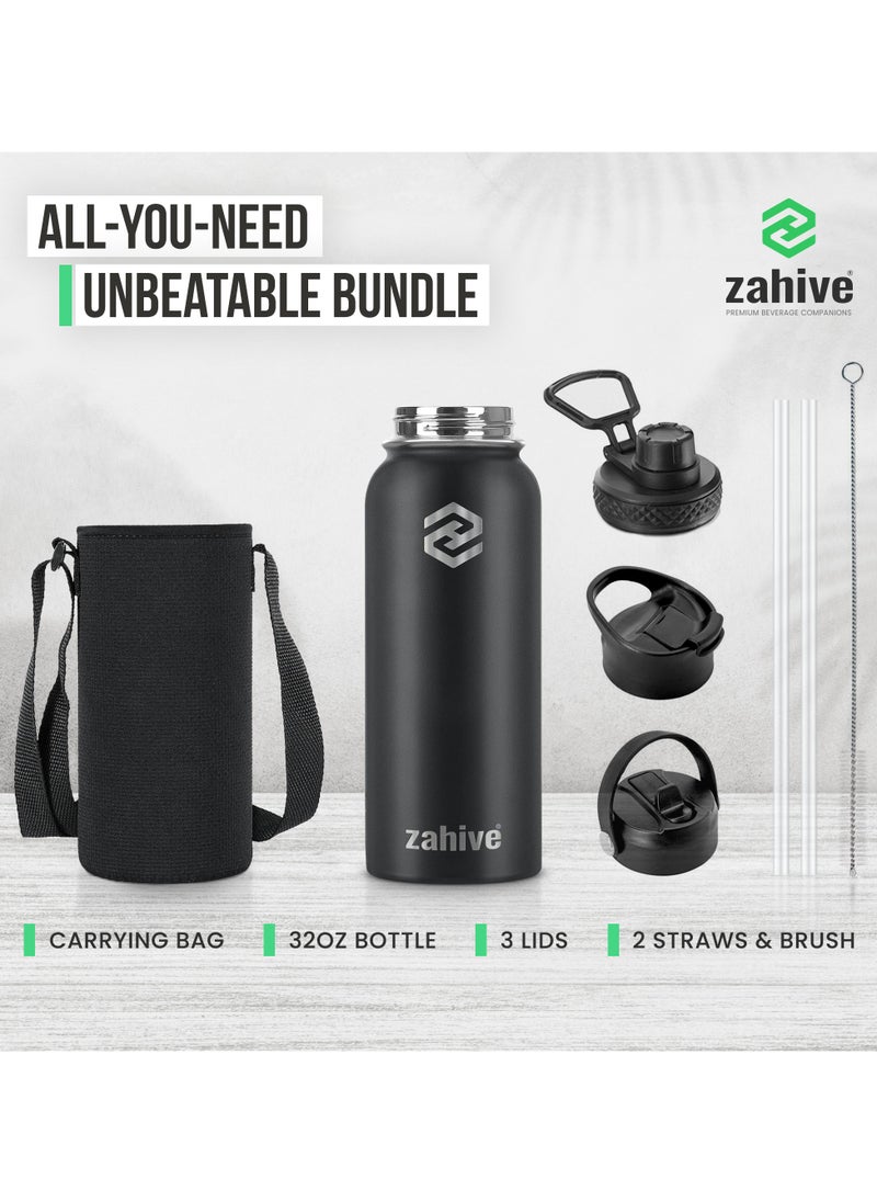 Zahive Insulated Stainless Steel Water Bottle with Straw with 3 Lids and Bag 1000 ml, Double Wall Thermos for Hot and Cold Drinks for Gym and Work, Wide Mouth, Leak Proof, 1 liter, Black  - Image 2