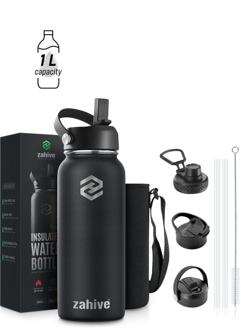 Zahive Insulated Stainless Steel Water Bottle with Straw with 3 Lids and Bag 1000 ml, Double Wall Thermos for Hot and Cold Drinks for Gym and Work, Wide Mouth, Leak Proof, 1 liter, Black  - Image 1