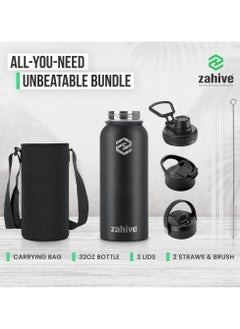 Zahive Insulated Stainless Steel Water Bottle with Straw with 3 Lids and Bag 1000 ml, Double Wall Thermos for Hot and Cold Drinks for Gym and Work, Wide Mouth, Leak Proof, 1 liter, Black  - Image 2