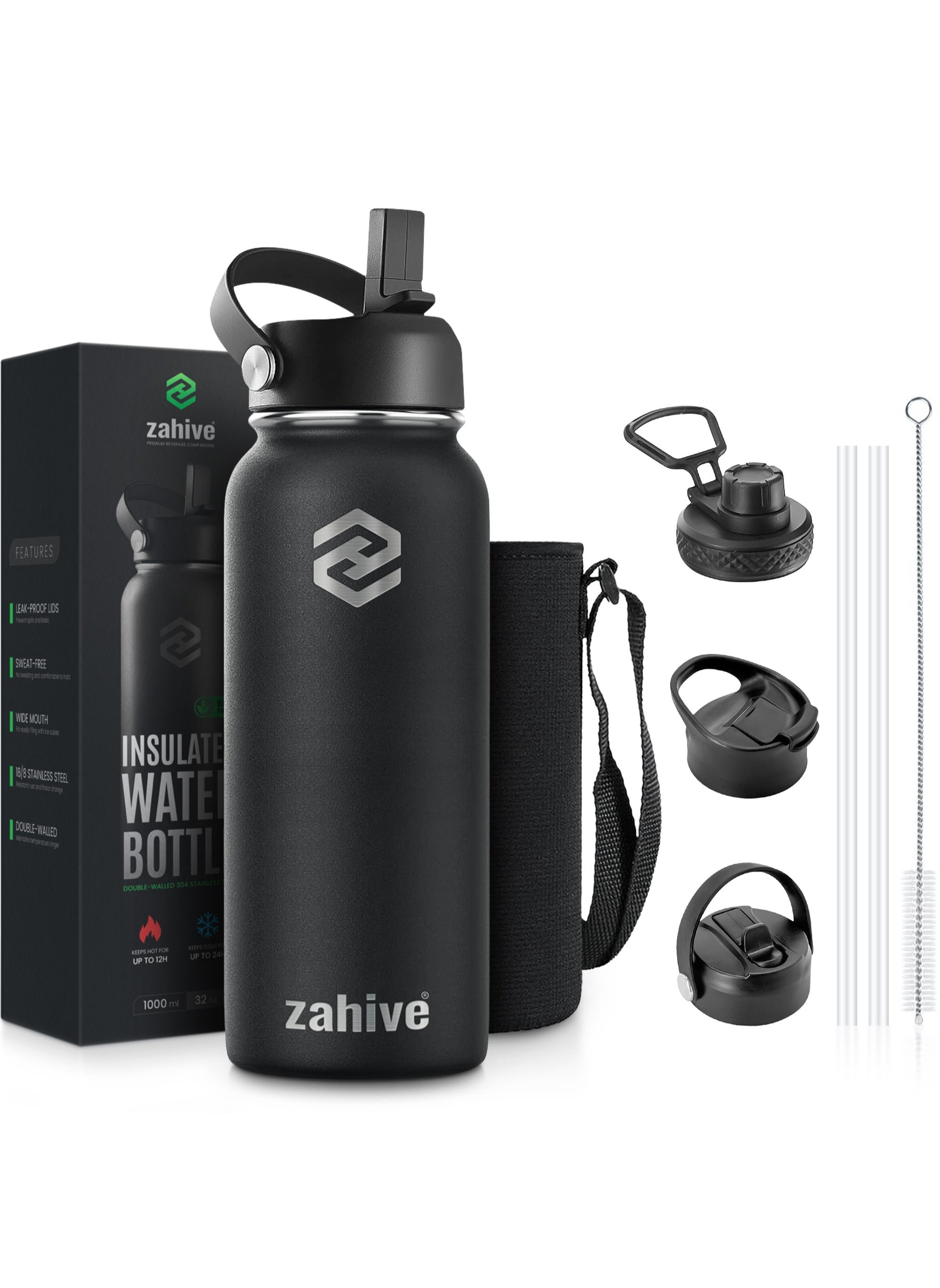 Zahive Insulated Stainless Steel Water Bottle with Straw with 3 Lids and Bag 1000 ml, Double Wall Thermos for Hot and Cold Drinks for Gym and Work, Wide Mouth, Leak Proof, 1 liter, Black 