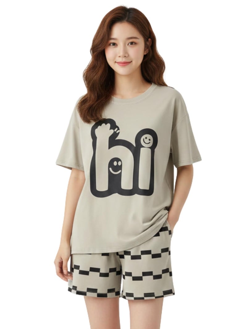 Celary Korean Style Women Cute Printed Night Suit Set | Soft Cotton Blend T-Shirt & Pyjama | Summer Sleepwear for Ladies - Image 1
