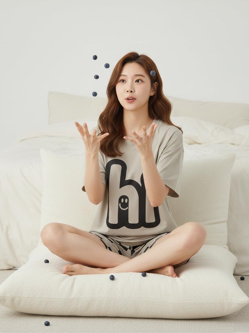 Celary Korean Style Women Cute Printed Night Suit Set | Soft Cotton Blend T-Shirt & Pyjama | Summer Sleepwear for Ladies - Image 3