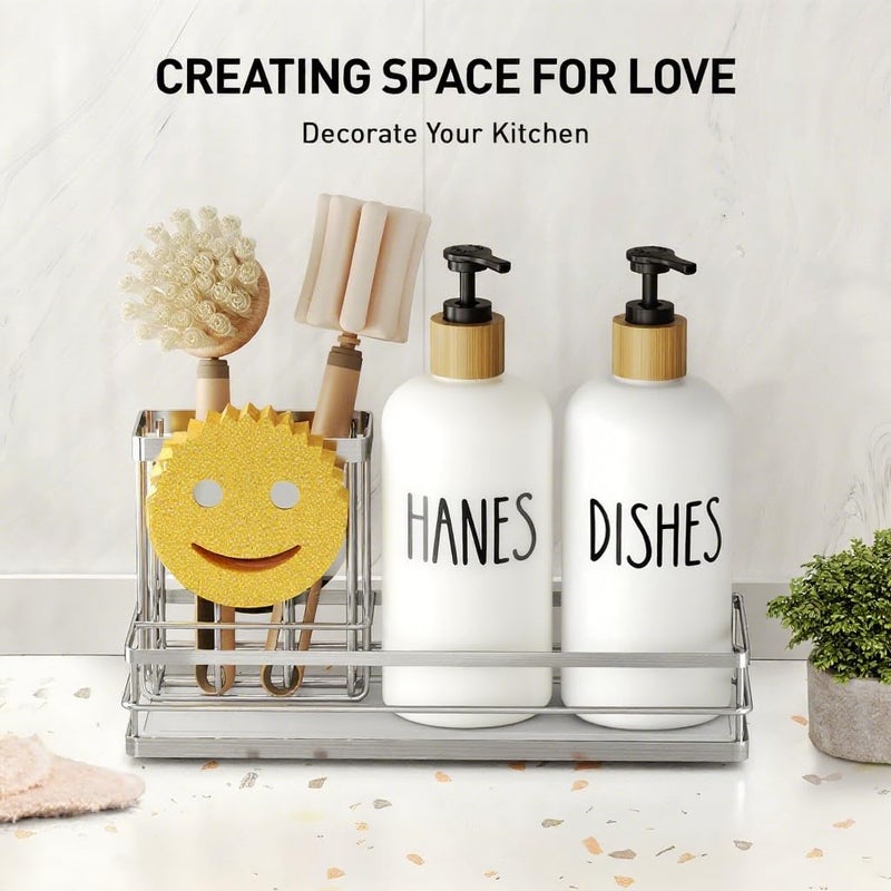 Moforoco Kitchen Dish Soap Dispenser Set  16OZ Glass Bottle  Hand and Dish Soap Dispenser Set  Instant Dry Tray  Non-Slip Silicone Pad  Brush Holder with Sponge Holder  Kitchen Decor(White Bottle) - Image 3