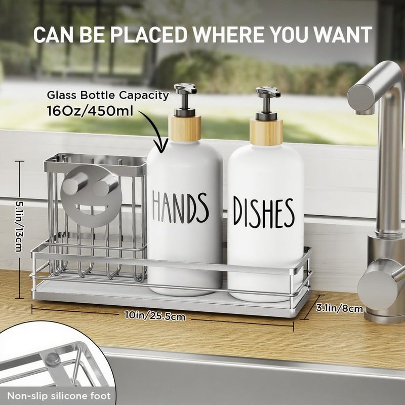 Moforoco Kitchen Dish Soap Dispenser Set  16OZ Glass Bottle  Hand and Dish Soap Dispenser Set  Instant Dry Tray  Non-Slip Silicone Pad  Brush Holder with Sponge Holder  Kitchen Decor(White Bottle) - Image 5