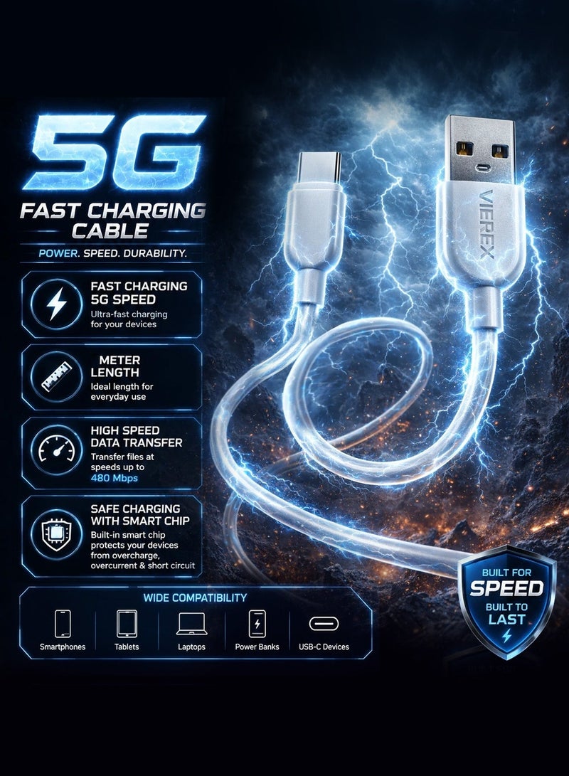 Vierex VC-3 Fast Charging USB Type-C Cable 2.4A Long Charging &  Data Sync Cable 480Mbps, 2m - Image 2