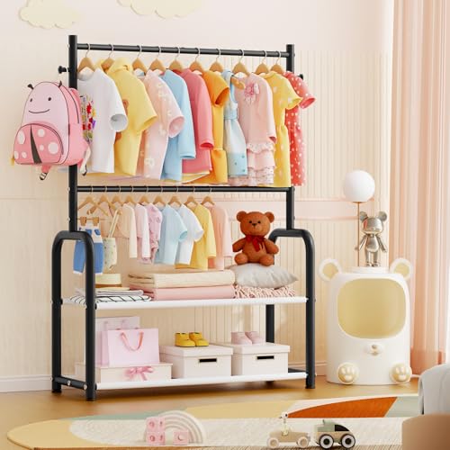 ZHKINGGS Kids Clothing Rack with 2-Layer Storage Shelf and 2 Adjustable Hanging Rods,Dress Up Rack for Hanging Clothes,Dress up Storage for Baby Toddle Kids(Classic, Black) - Image 5