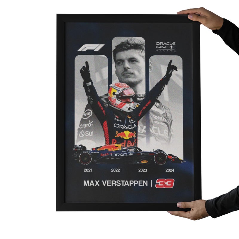 Max.Ver 4-Time F1 World Champion Framed Poster, Black Wooden Frame, 30x40 cm - Image 1