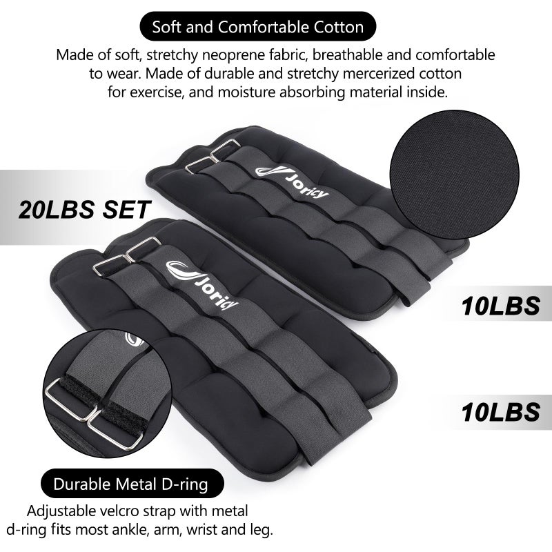 JORICY Ankle Weight, Wrist Leg Arm Weights for Women Men with Adjustable Straps, A Pair of 20LBS(10 LB Each Weight) Strength Training Weighted for Walking Yoga Jogging Running Dance, Black - Image 2