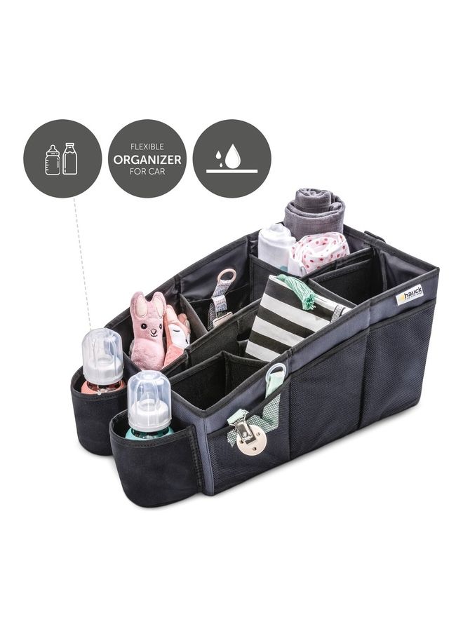 Hauck Organize Me Car Seat Organizer – Backseat Storage Box with Belt Attachment, Cup Holders, Foldable Pockets, Carry Handle, Non-Slip Travel Organizer for Cars, SUVs & Mini Vans – Grey - Image 3
