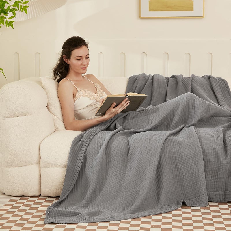 EMME Cotton Muslin Blanket King Size - Soft, Breathable Layering Blanket, 108"x90", All Season Gauze, Grey - Image 3