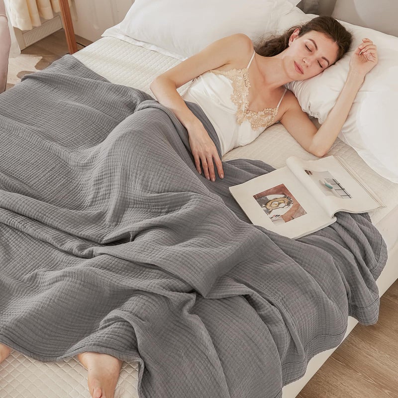 EMME Cotton Muslin Blanket King Size - Soft, Breathable Layering Blanket, 108"x90", All Season Gauze, Grey - Image 2