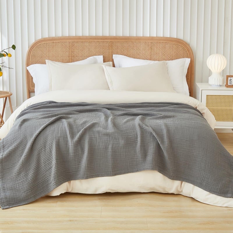 EMME Cotton Muslin Blanket King Size - Soft, Breathable Layering Blanket, 108"x90", All Season Gauze, Grey - Image 1