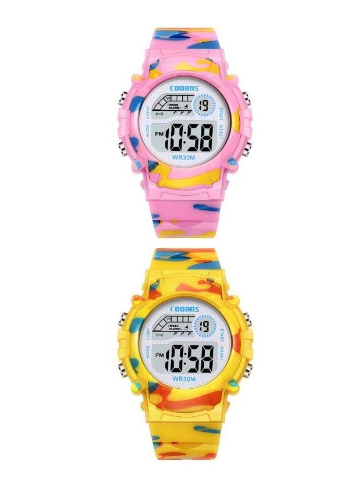Coobos 2 PCS Children's Waterproof Rubber Digital Watch (Pink/Yellow)  - Image 1