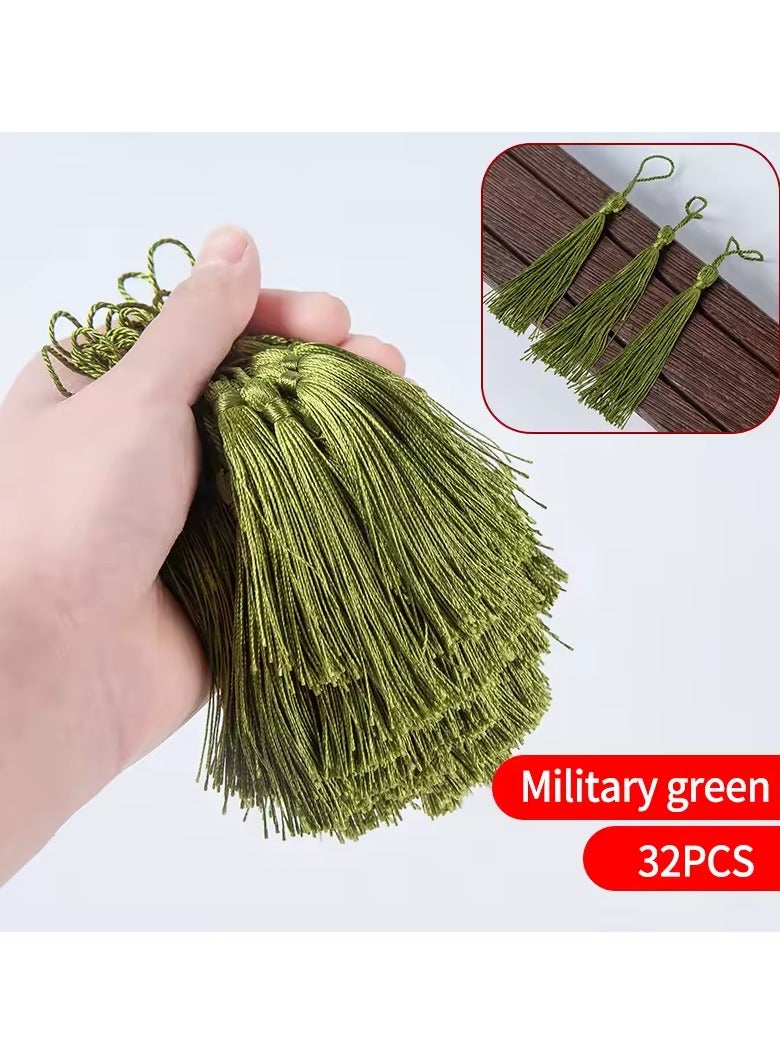 Abrar Colorful Silk Tassels with Hanging Rope Military Green for Home Decor, Curtains, Jewelry, Weddings, and Keychains 32 Pieces