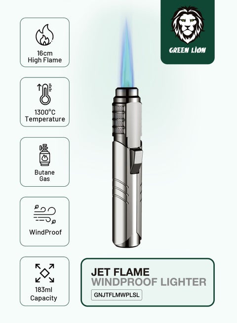 ولاعة جت فليم مقاومة للرياح 183 مل / قابل لإعادة التعبئة / فتحات تبريد / قفل أمان / تصميم مريح - فضي