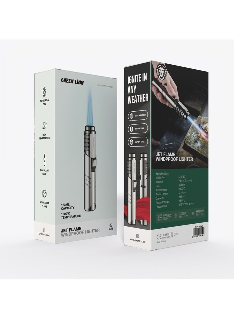 جرين ليون ولاعة جت فليم مقاومة للرياح 183 مل / قابل لإعادة التعبئة / فتحات تبريد / قفل أمان / تصميم مريح - فضي - Image 3