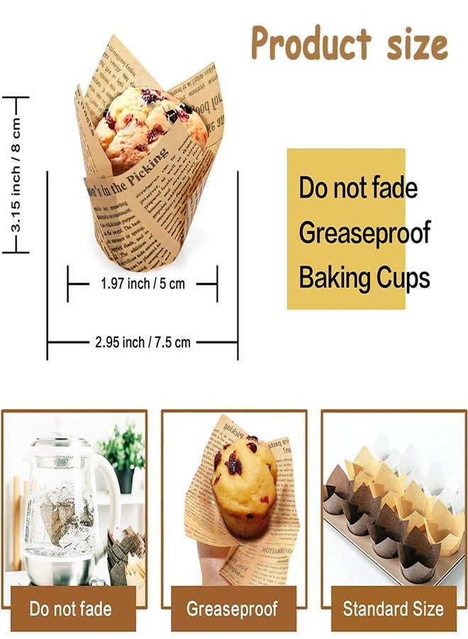 Supvox® 100Pcs Cupcake Liner, 5cm Diameter Tulip Cupcake Paper Cups, Food Grade Greaseproof Paper Baking Cups Muffin Liners Holders for Baking Weddings, Birthdays (Natural Newspaper Printed) - Image 2