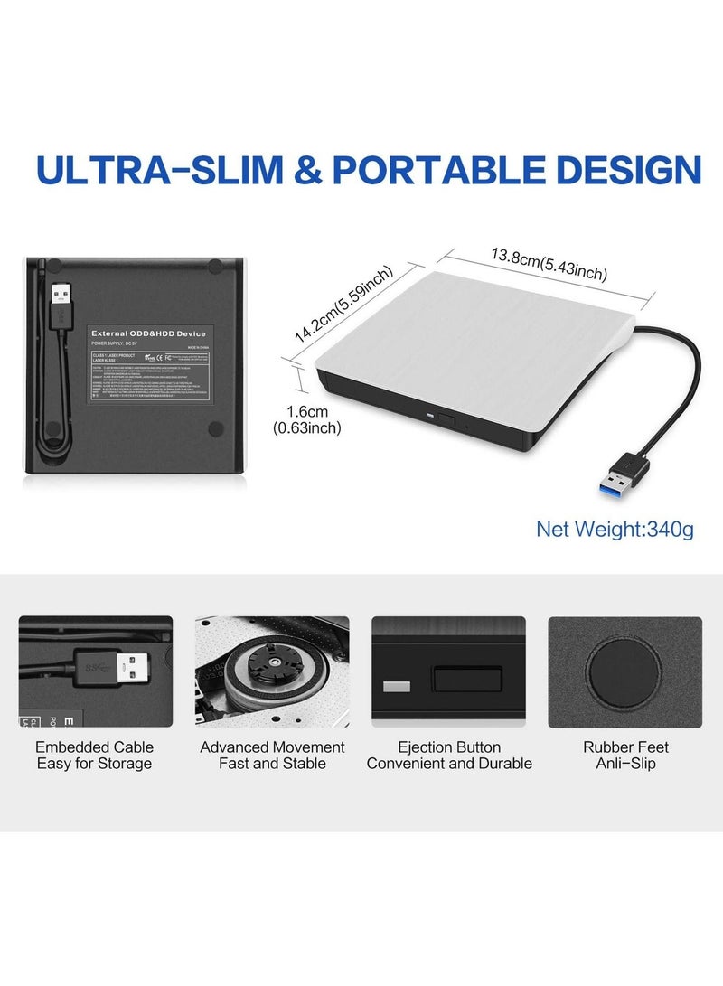 Captaintech External CD/DVD Drive for Laptop, USB 3.0 Ultra-Slim Portable Burner Writer Compatible with Mac MacBook Pro/Air iMac Desktop Windows 7/8/10/XP/Vista (White) - Image 2