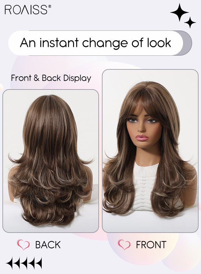 roaiss Brown Highlighted Long Curly Hair Wig, 20 Inches Long, Elegant, Fashionable, Breathable, Heat-Resistant Synthetic Fake Hair, Easy To Maintain, Suitable For Women For Festivals, Travels, Parties, Role-Playing And Daily Wear - Image 2