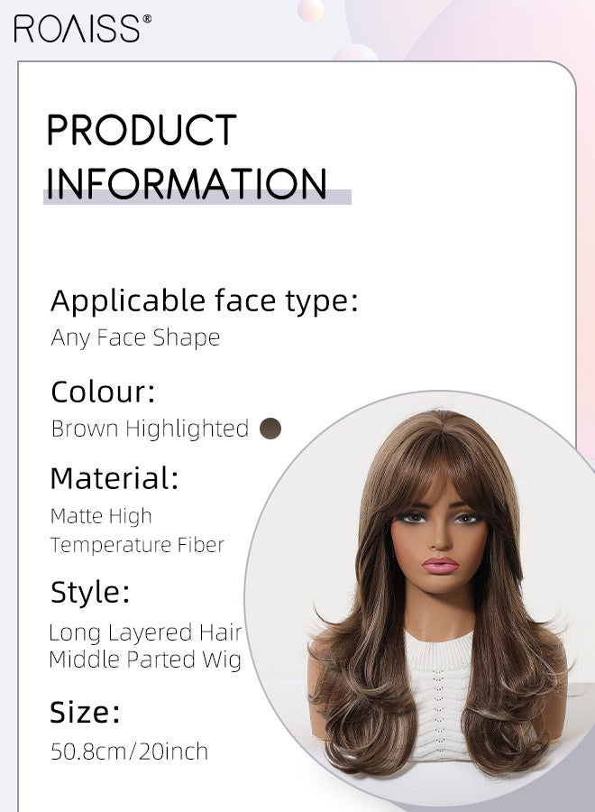 roaiss Brown Highlighted Long Curly Hair Wig, 20 Inches Long, Elegant, Fashionable, Breathable, Heat-Resistant Synthetic Fake Hair, Easy To Maintain, Suitable For Women For Festivals, Travels, Parties, Role-Playing And Daily Wear - Image 3