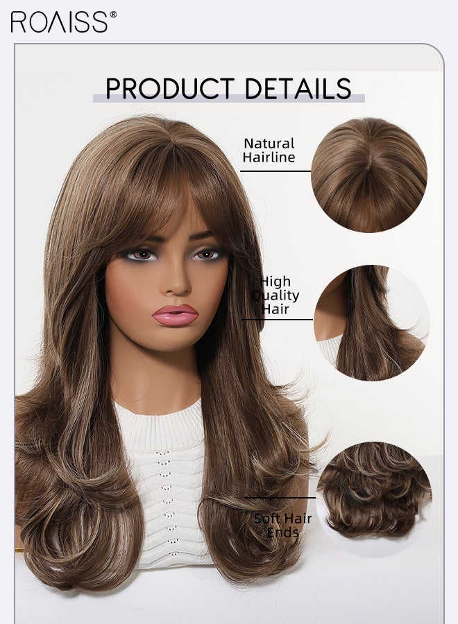 roaiss Brown Highlighted Long Curly Hair Wig, 20 Inches Long, Elegant, Fashionable, Breathable, Heat-Resistant Synthetic Fake Hair, Easy To Maintain, Suitable For Women For Festivals, Travels, Parties, Role-Playing And Daily Wear - Image 4