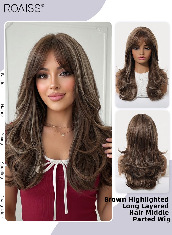 roaiss Brown Highlighted Long Curly Hair Wig, 20 Inches Long, Elegant, Fashionable, Breathable, Heat-Resistant Synthetic Fake Hair, Easy To Maintain, Suitable For Women For Festivals, Travels, Parties, Role-Playing And Daily Wear - Image 1