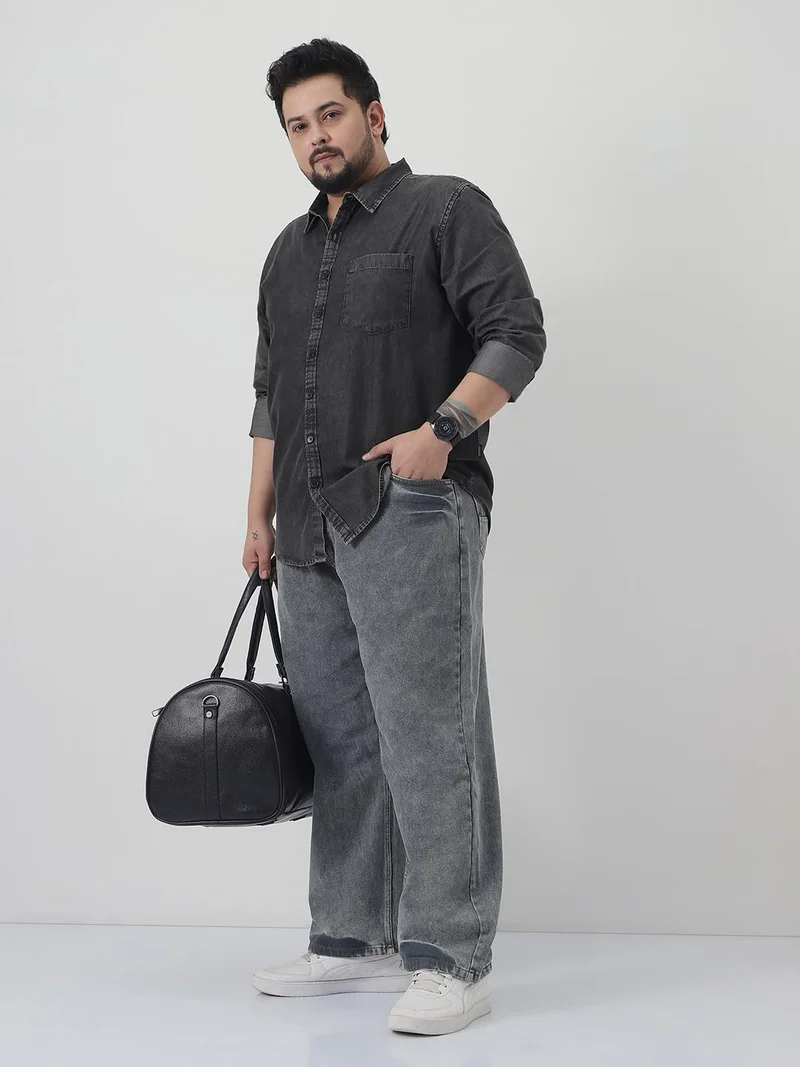 Urbano Fashion  Urbano Plus Men's Grey Regular Fit Full Sleeve Washed Denim Shirt  | Best Price UAE