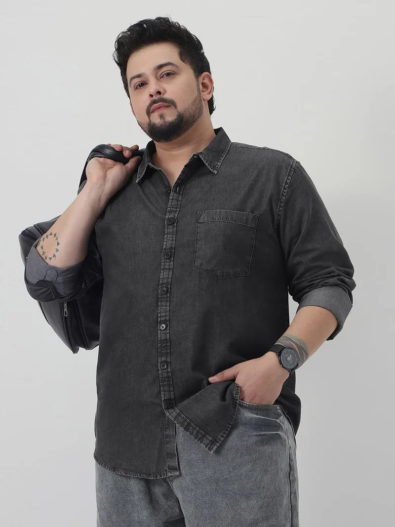 Urbano Fashion  Urbano Plus Men's Grey Regular Fit Full Sleeve Washed Denim Shirt  | Best Price UAE