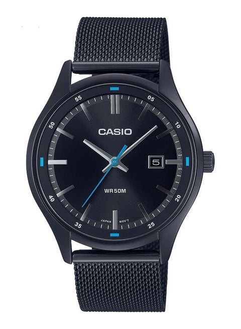 Men Watch Analog Date Display Black Dial Stainless Steel Mesh Band Ion Plated Case MTP-E710MB-1AVDF