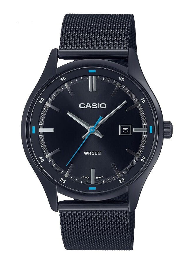 Men Watch Analog Date Display Black Dial Stainless Steel Mesh Band Ion Plated Case MTP-E710MB-1AVDF