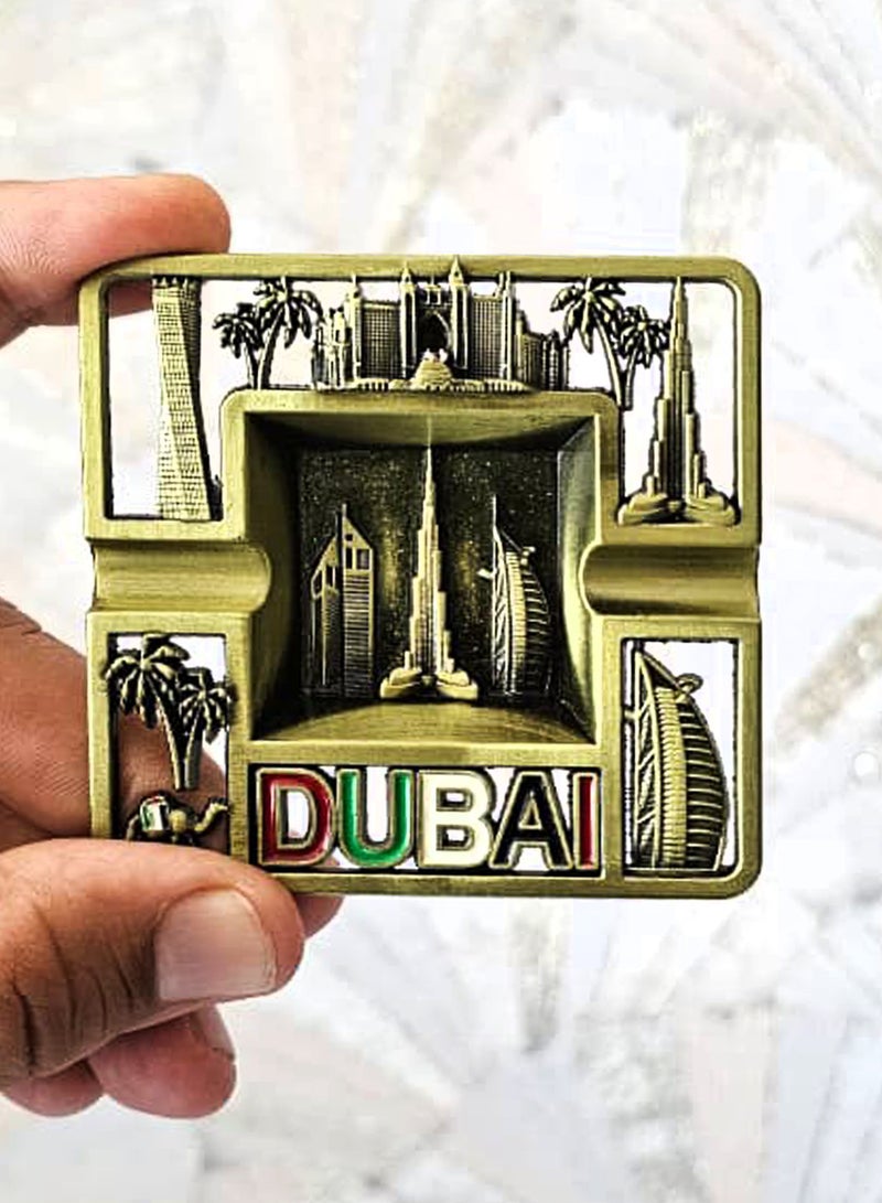 Souvenir Souq Dubai Skyline Metal Ashtray Made of Zinc Alloy – UAE Flag Colors with Burj Al Arab, Burj Khalifa Atlantis, Camel & Palm Tree, Greenish color finish - Image 2