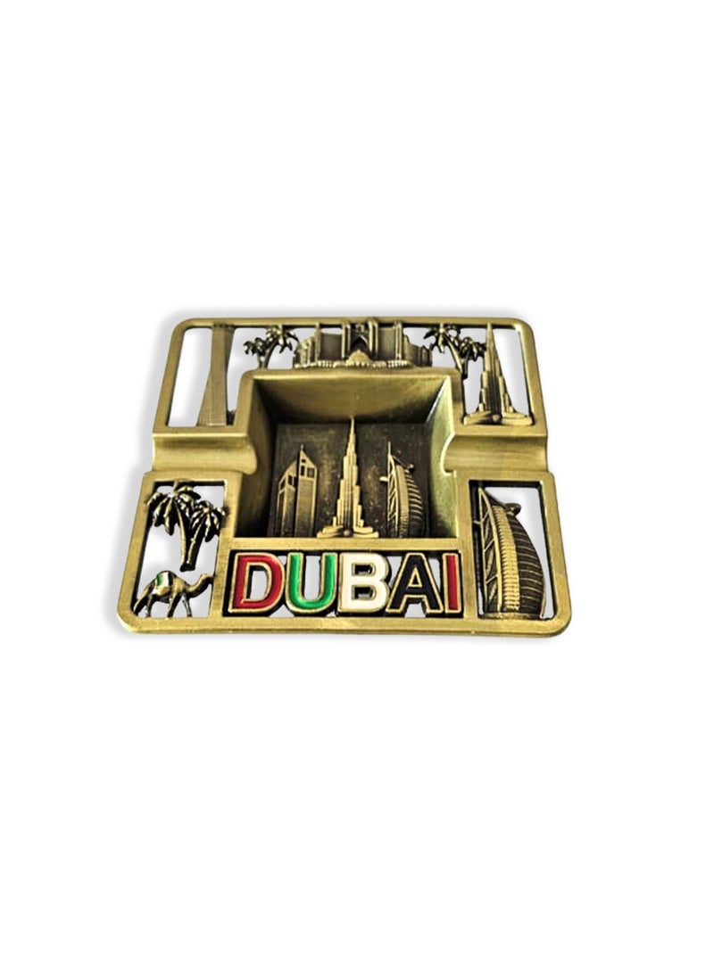 Souvenir Souq Dubai Skyline Metal Ashtray Made of Zinc Alloy – UAE Flag Colors with Burj Al Arab, Burj Khalifa Atlantis, Camel & Palm Tree, Greenish color finish - Image 1