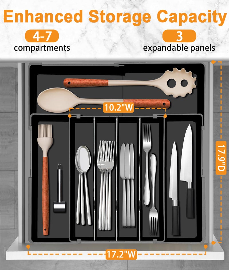 Homecor Silverware Organizer - Expandable Kitchen Drawer Organizer, 3" High Utensil Holder, BPA Free Flatware and Cutlery Tray for Spoons Forks Knives, Plastic Kitchen Organizer and Storage, Black - Image 3
