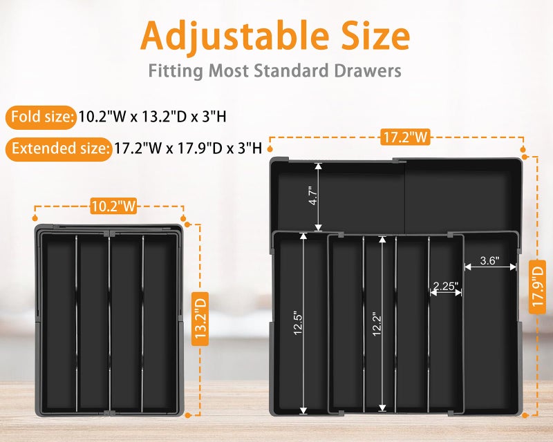 Homecor Silverware Organizer - Expandable Kitchen Drawer Organizer, 3" High Utensil Holder, BPA Free Flatware and Cutlery Tray for Spoons Forks Knives, Plastic Kitchen Organizer and Storage, Black - Image 2