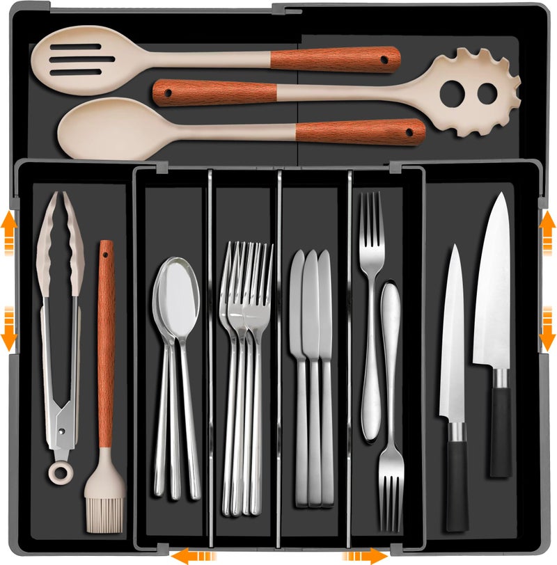 Homecor Silverware Organizer - Expandable Kitchen Drawer Organizer, 3" High Utensil Holder, BPA Free Flatware and Cutlery Tray for Spoons Forks Knives, Plastic Kitchen Organizer and Storage, Black - Image 1