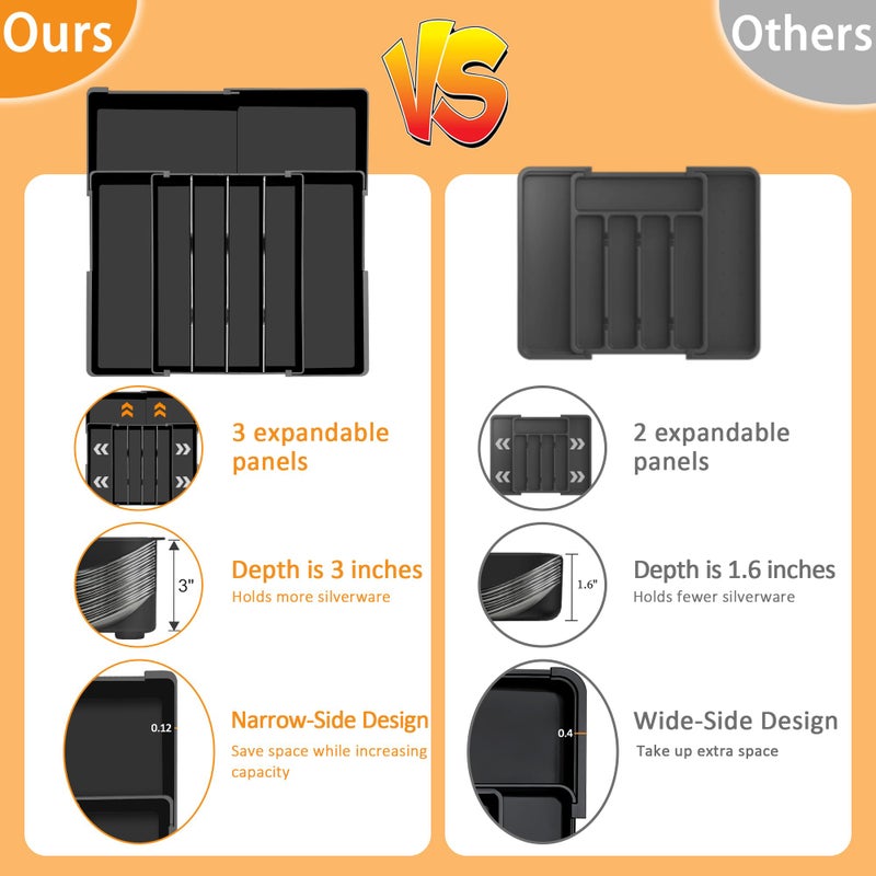 Homecor Silverware Organizer - Expandable Kitchen Drawer Organizer, 3" High Utensil Holder, BPA Free Flatware and Cutlery Tray for Spoons Forks Knives, Plastic Kitchen Organizer and Storage, Black - Image 4