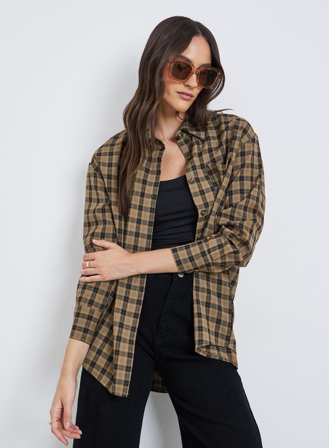 Styli Checkered Print Spread Collar Oversized Shirt - Image 1