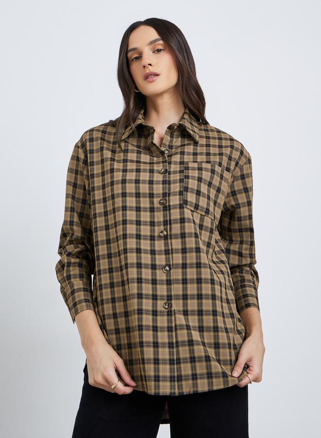 Styli Checkered Print Spread Collar Oversized Shirt - Image 3