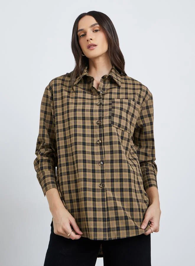 Styli Styli Checkered Print Spread Collar Oversized Shirt