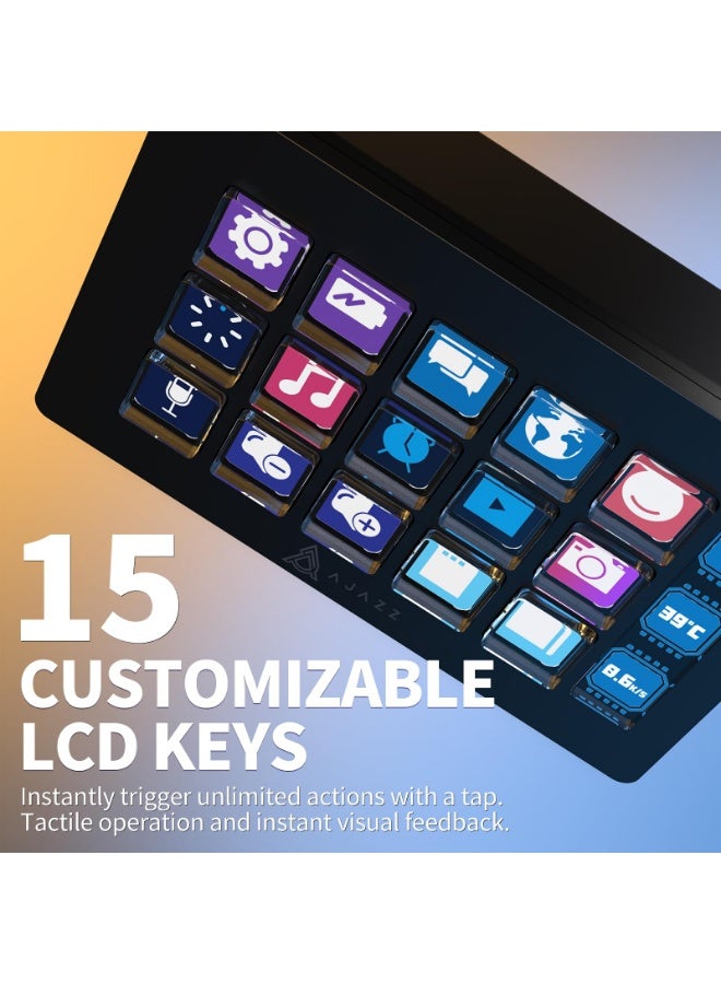 A-jazz The AKP153E supports one-click software launch. This mainstream media console features 15 programmable LCD macro keys and a side information display. It is compatible with Windows and Mac systems and is suitable for on-site video editing, office work, and gaming. - Image 4