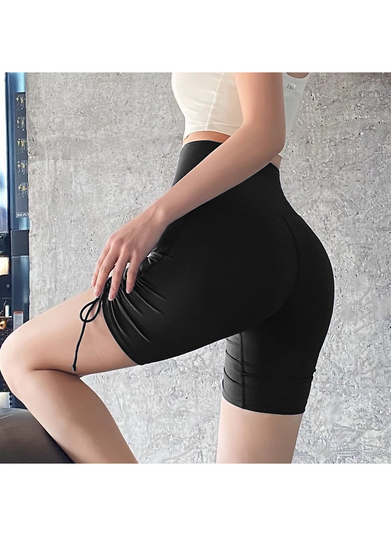 Generic Fitness High Waist Sports Shorts Drawstring Tight Hip Lifting Naked Outer Wearing Running Base Yoga Triple -5 Pants Starshine Black 