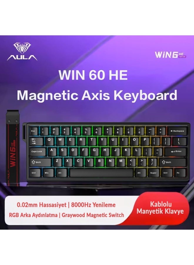 أولا كيبورد الألعاب AULA WIN60 HE بمفاتيح مغناطيسية ومعدل استجابة 8000Hz وإضاءة RGB وتخطيط US باللون الأسود - Image 5