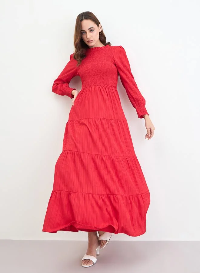 Styli Red Long Sleeves Tiered Maxi Dress