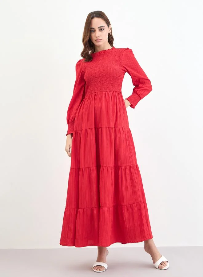 Styli Red Long Sleeves Tiered Maxi Dress