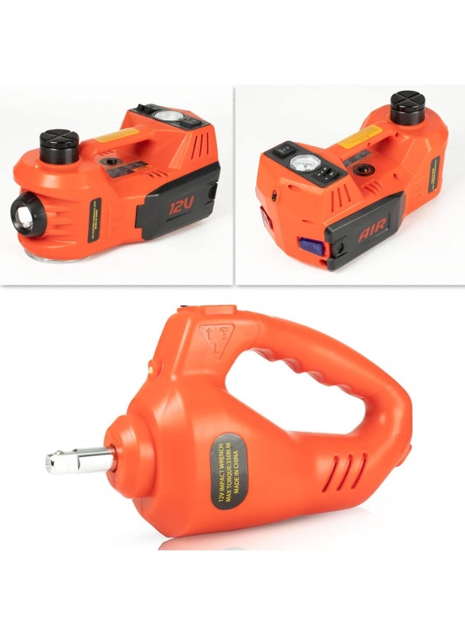 5 Ton Electric Hydraulic Car Jack Kit 3 in 1 12V with Impact Wrench Air Compressor LED Light Portable Tire Repair Set Orange - Image 3