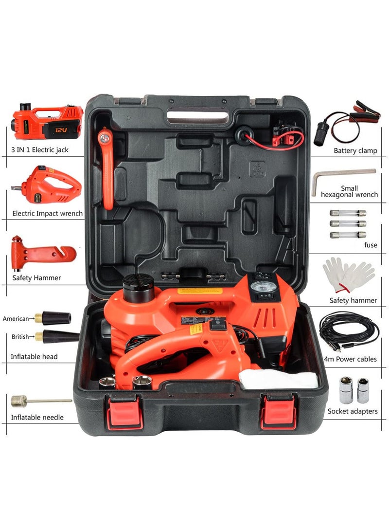 5 Ton Electric Hydraulic Car Jack Kit 3 in 1 12V with Impact Wrench Air Compressor LED Light Portable Tire Repair Set Orange - Image 4