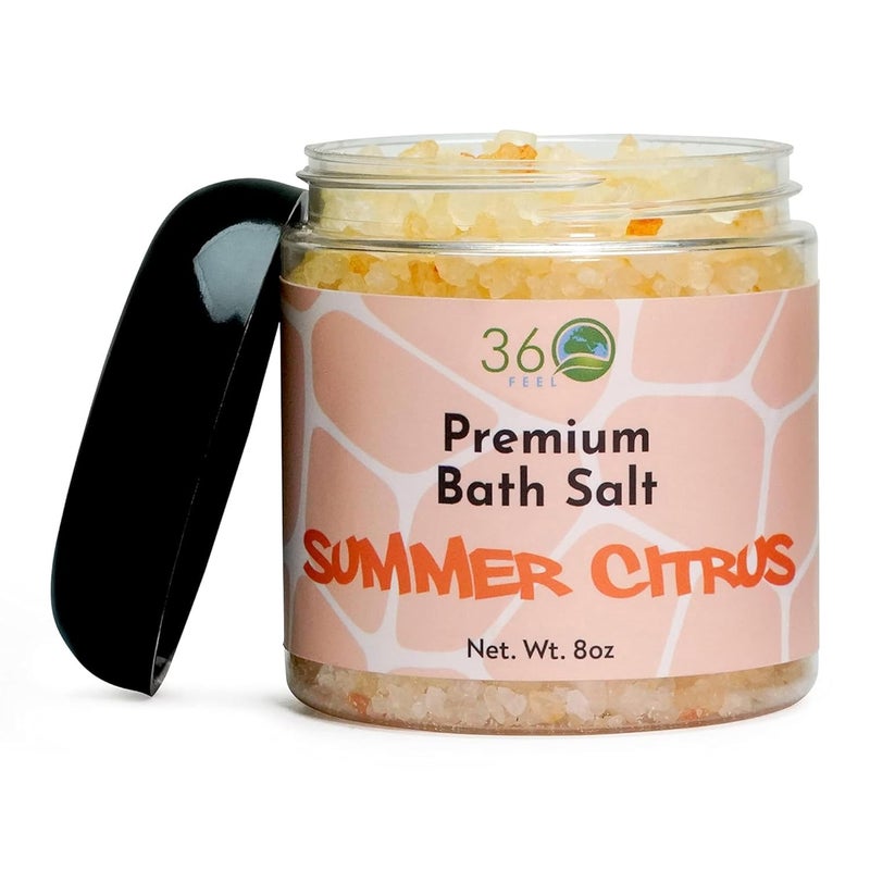 360Feel Summer Citrus Bath Salt Face Body Scrub All Natural Vegan Crueltyfree Exfoliator Moisturizing Bath Soak for Rejuvenating Skin Essential Oils 8 Oz Jar - Image 1