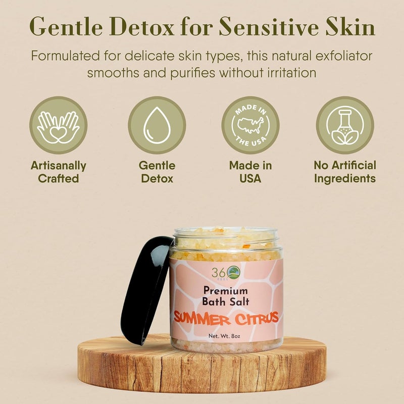 360Feel Summer Citrus Bath Salt Face Body Scrub All Natural Vegan Crueltyfree Exfoliator Moisturizing Bath Soak for Rejuvenating Skin Essential Oils 8 Oz Jar - Image 3