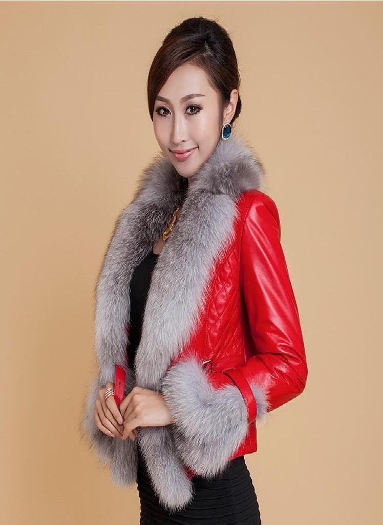 Eckek - SCIONE Faux Fox Fur Collar Leather Slim PU Leather Women Plus Cotton Jacket Fashion Short Leather - Image 1