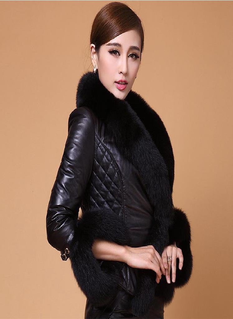 Eckek - SCIONE Faux Fox Fur Collar Leather Slim PU Leather Women Plus Cotton Jacket Fashion Short Leather - Image 1
